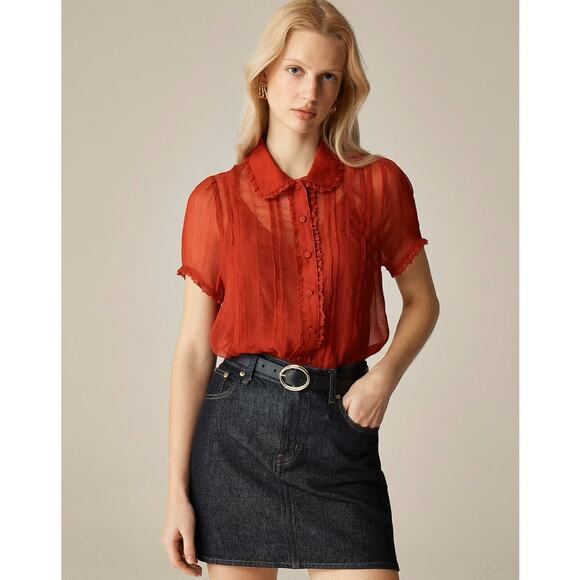J.Crew Sheer Lace-trim Button-up Shirt 4 Red Cupro Crinkle Short Sleeve Pintuck - Picture 1 of 7